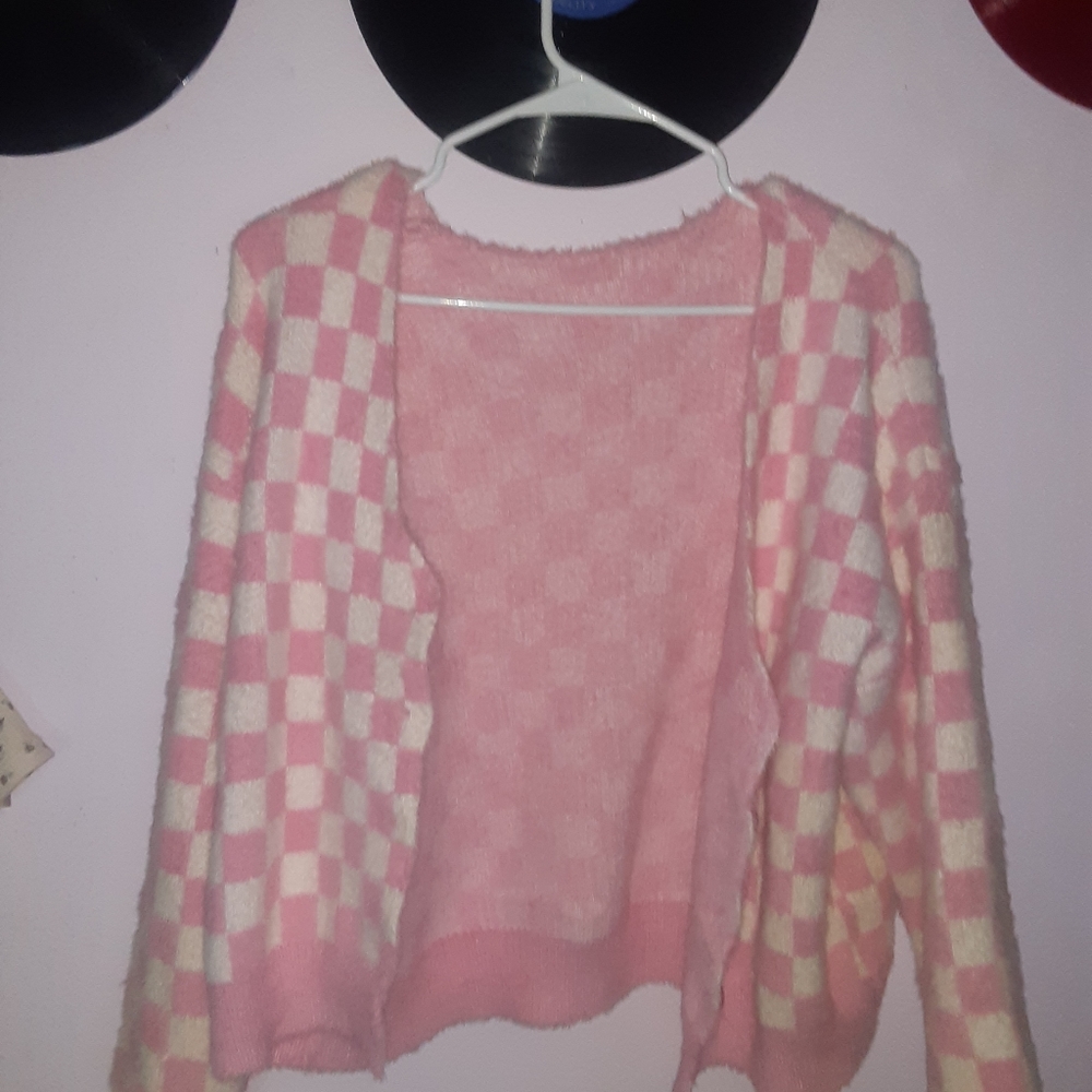 - Pink and white checkered fluffy cardigan